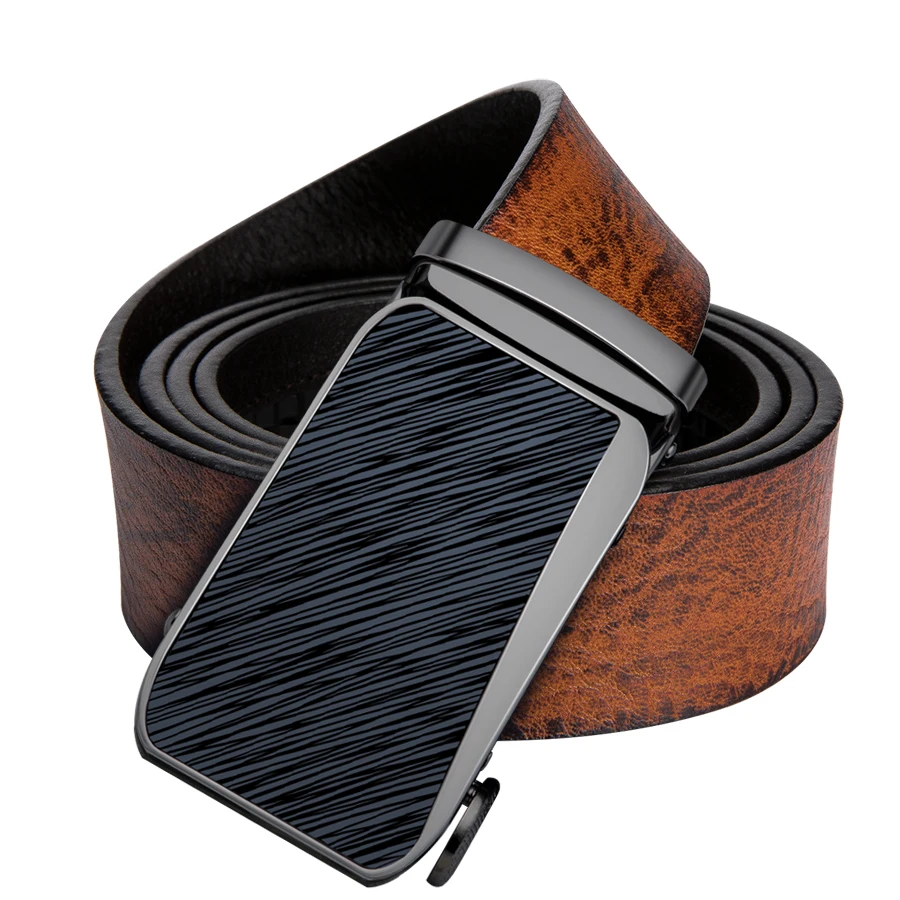 

Barry.Wang Brand Men Belt Automatic Buckle Black Cowhide Genuine Leather Belts for Men 3.4cm Width Black Brown Blue Orange Strap