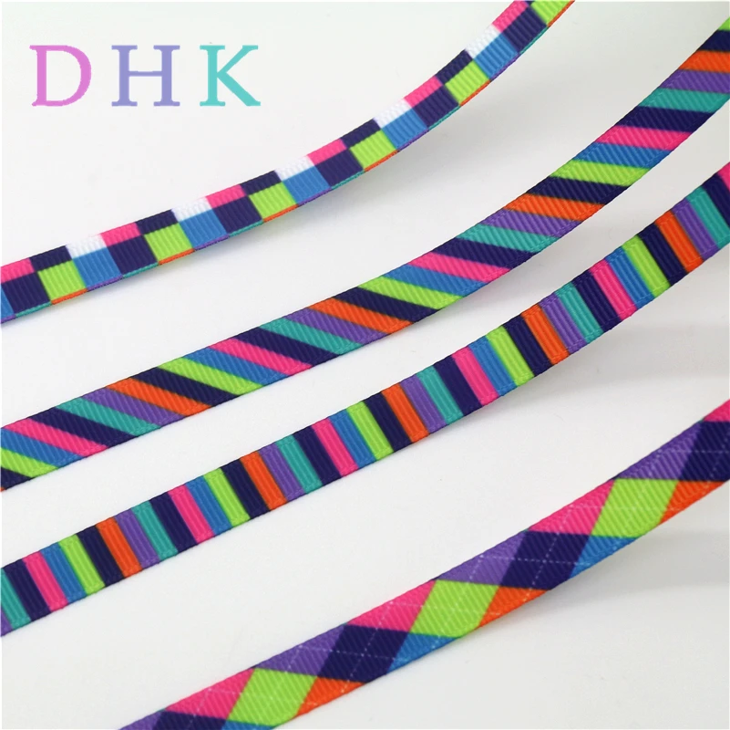 

DHK 3/8'' 5yards colors stripe plaid Printed Grosgrain Ribbon Accessory hairbow headwear DIY decoration OEM 9mm C1674