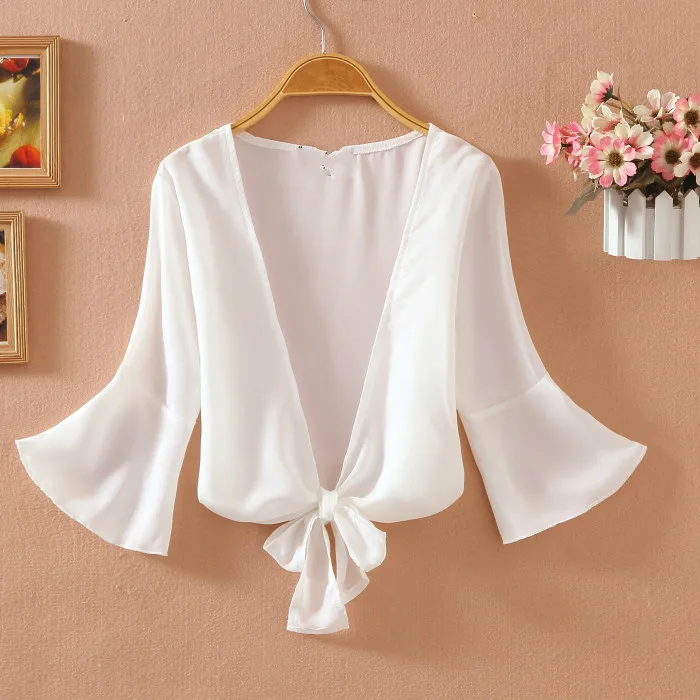 Летняя тонкая кружевная белая женская Солнцезащитная шифоновая блуза с ...