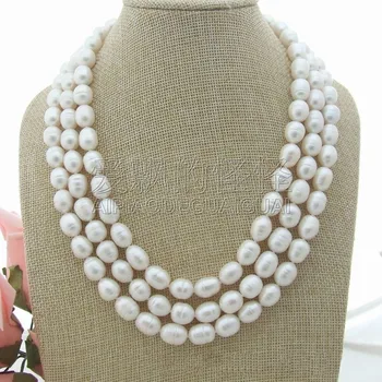 

N032108 18''-20'' 3 Strands White Rice Pearl Necklace