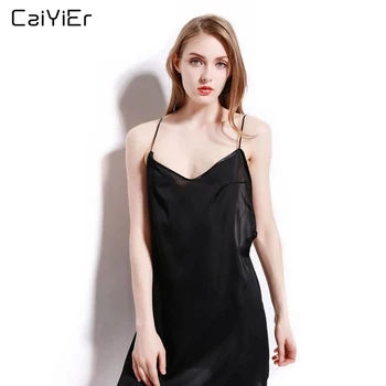 

Caiyier Sexy Open Black Deep V-Neck Silk Nightgown 2018 New Lingerie Sleepshirts For Women Summer Sleepwear Nightwear NightDres