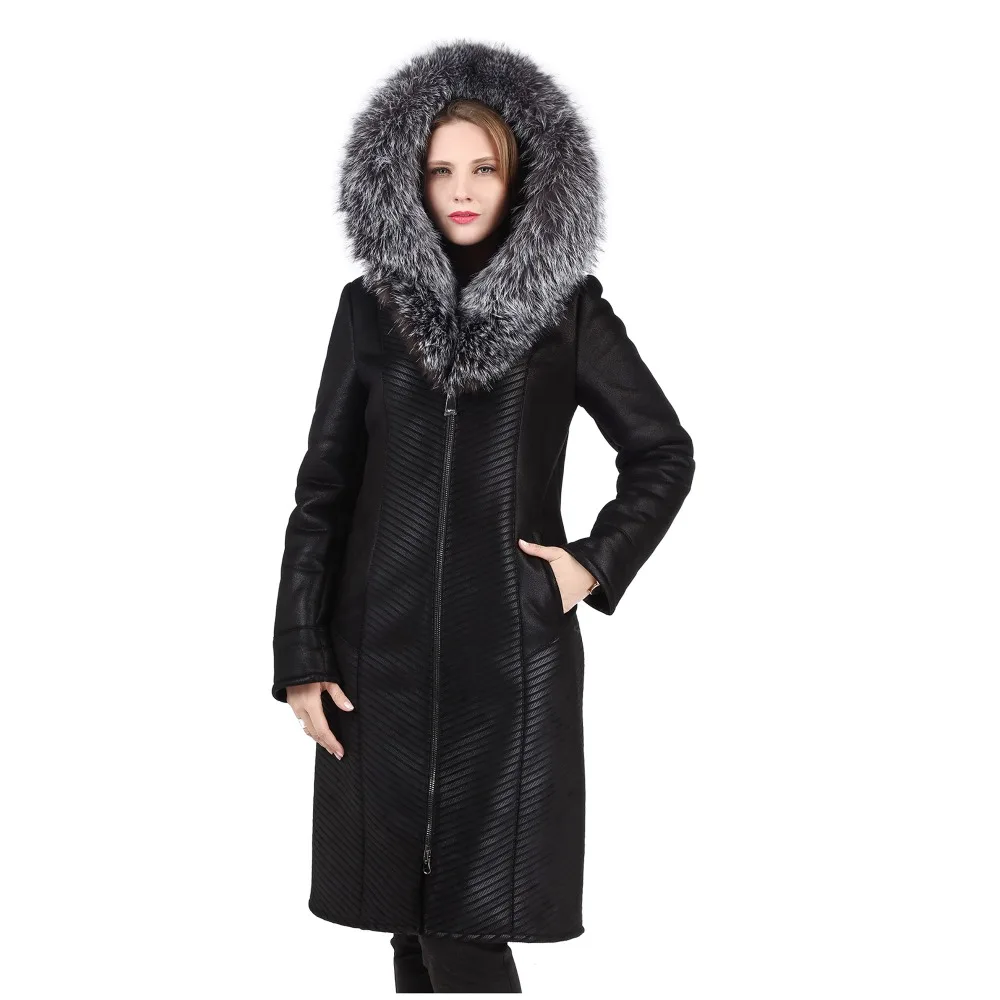 Женское теплое зимнее пальто с капюшоном, настоящий бренд Fox Fur Trim Hood, двустороннее меховое пальто, женское приталенное женское элегантное пальто из искусственного меха