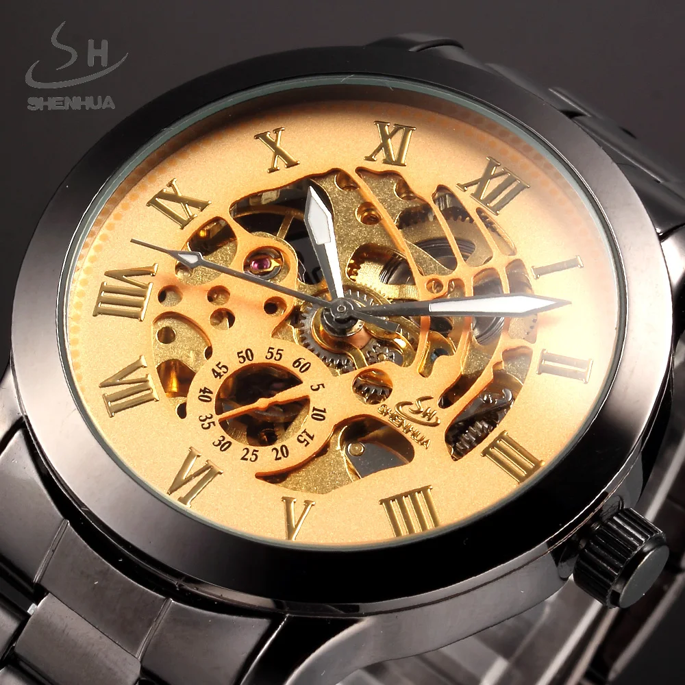 

Automatic Mechanical Watch Men Gold SHENHUA Luxury Brand Clock Stainless Steel Mens Skeleton Watches Sport Relogio Masculino