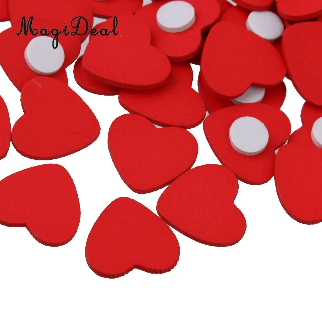 100Pcs Wooden Red Heart with Tape for Scrapbook Craft Wedding Decoration Valentine Day Birthday Party DIY Crafts Decoration 