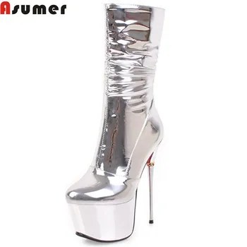 

ASUMER fashion autumn winter women boots platform silvery super high thin heel zipper ladies boots sexy prom mid calf boots