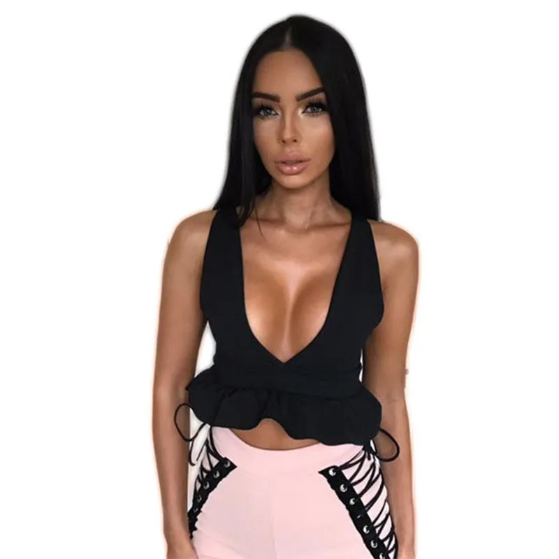Sleeveless Backless Sexy Tank Top Women New Fashion Deep V-Neck Solid Short Crop Tops Summer Casual for | Женская одежда