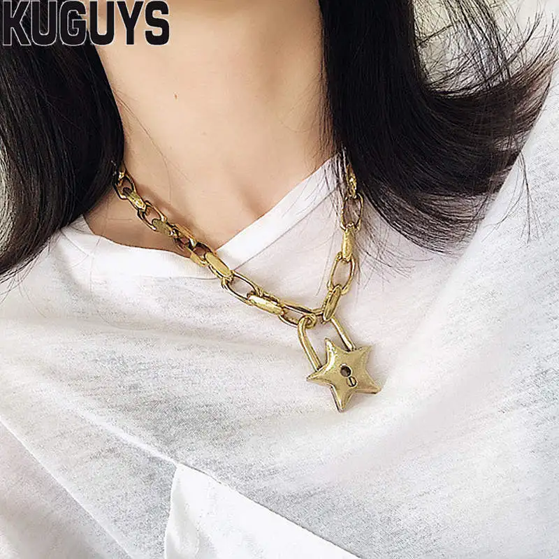 

KUGUYS Trendy Jewelry Gold Metal Star Pendant Necklaces Women Vintage Thick Chains Chokers Necklace Girl Rock Cool Accessories