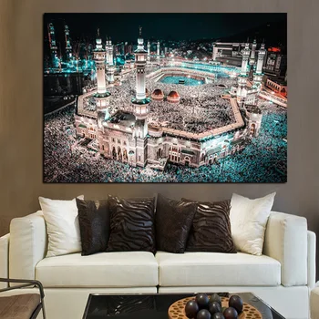 

Modern Print Islam Pilgrimage to Mecca Sacred Mosque Night Landscape on Canvas Wall Painting for Living Room Sofa Cuadros Decor