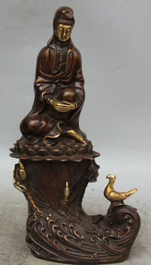 

JP S0524 11" Chinese Bronze Gild Seat Bird Kwan-yin Guan Yin Boddhisattva lotus Statue