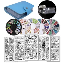 Набор для маникюра, набор для маникюра, набор для маникюра, 5 шаблонов для ногтей+ 5 колесиков для декора ногтей+ 1 синяя пластина, держатель, чехол+ 1 желе, штамповка, силикон