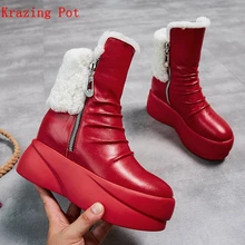Krazing pot/; натуральная кожа; круглый носок; овечий мех; Роскошные зимние сапоги на танкетке и высоком каблуке; Европейские Сапоги до середины икры, визуально увеличивающие рост; L18