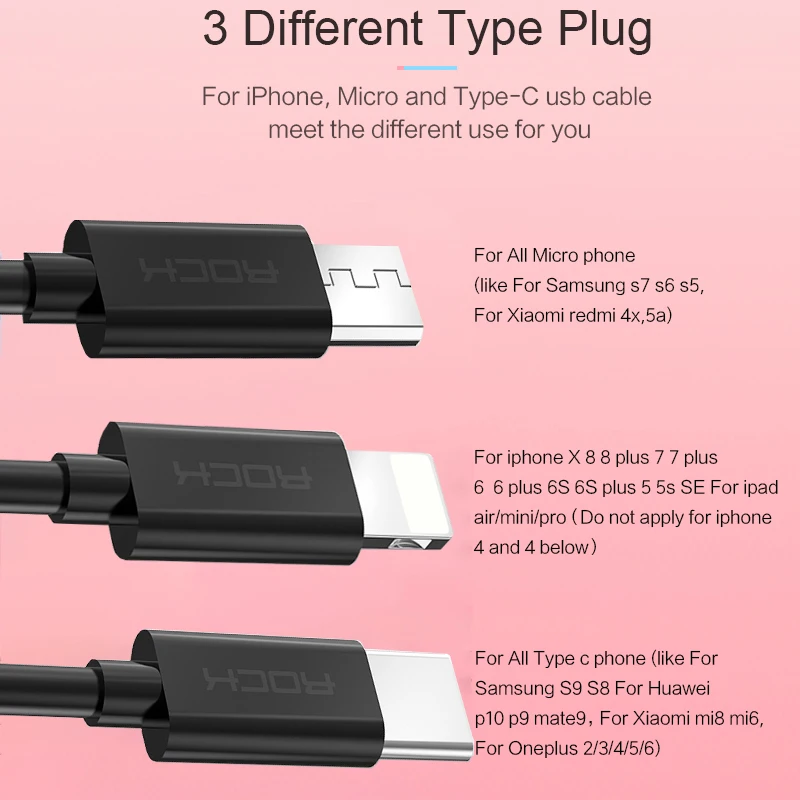 ROCK USB кабель для iPhone X, 8, 7, 6, быстрое зарядное устройство, Micro USB кабель для samsung, Xiaomi, usb type-c, кабели для мобильных телефонов