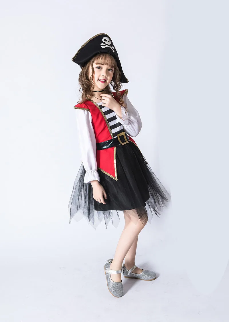 Детский Пиратский костюм на Хэллоуин для маленьких девочек, капитан, пиратский костюм платье с фатиновой юбкой шляпа, комплект из 2 предметов, одежда с принтом черепа для маленьких девочек