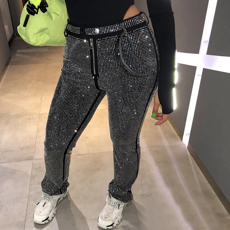 

Full Rhinestone BlingBling Bag Hips Small Straight Casual Pants