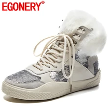 EGONERY/новая зимняя повседневная теплая обувь женские ботинки на танкетке средней высоты с перекрестной шнуровкой и круглым носком ботинки из натуральной кожи высокого качества