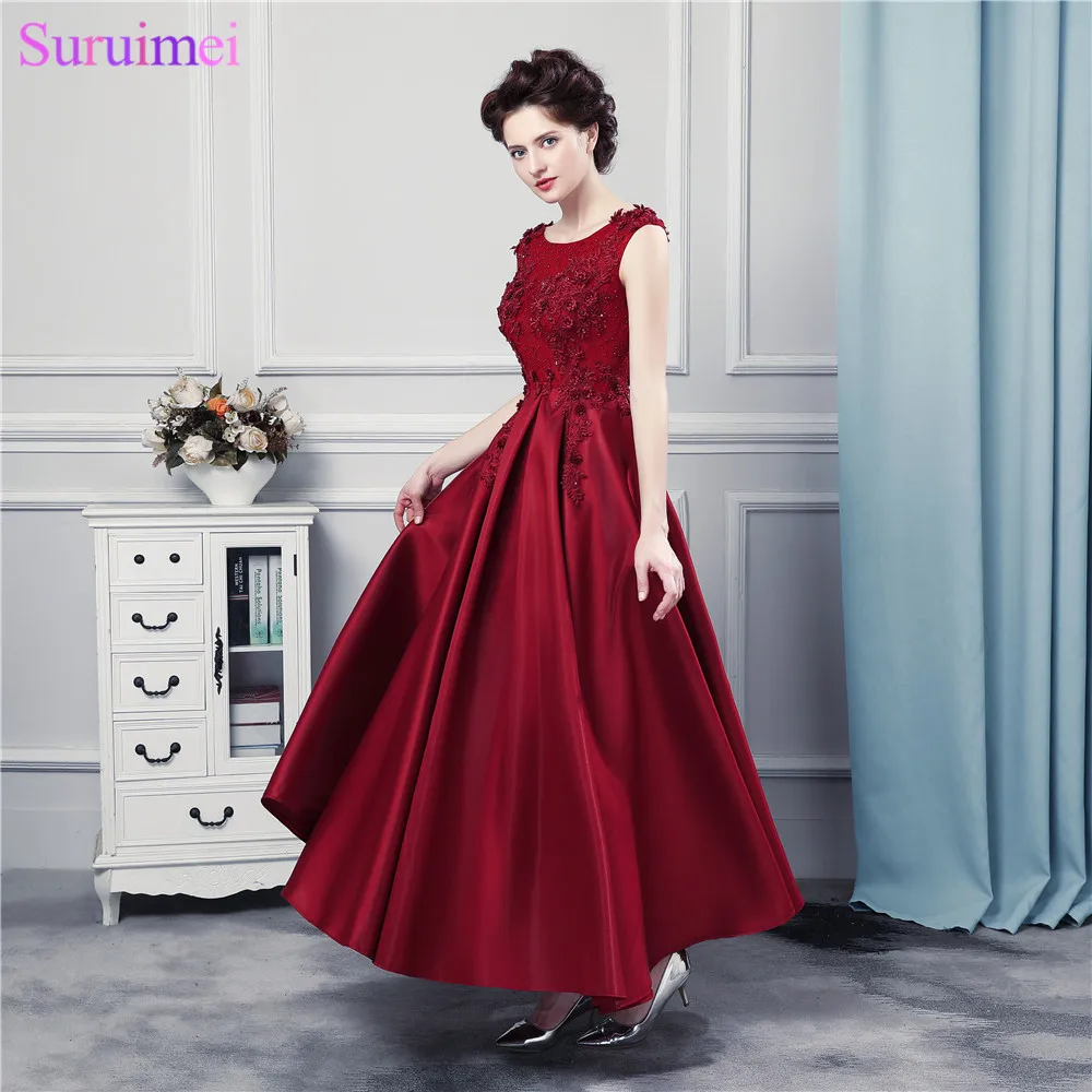 Burgundy Prom Dresses Long Satin Floor Length Lace Applique Corset Prom