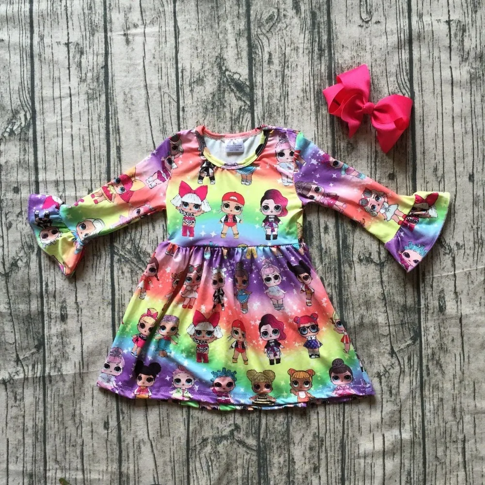 

new milk silk Carton girls children clothes baby cotton Fall/Winter long sleeve ruffle dress boutique kids wear match clip bow