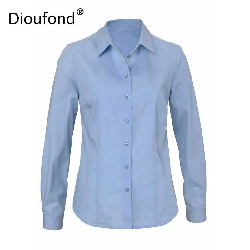 Dioufond однотонные офисные женские рубашки женская блузка с длинным рукавом Формальные белые Blusas Femininas хлопковая рубашка с отложным воротником для женщин - Цвет: 0019blue