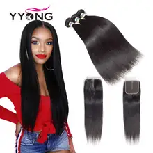 Yyong Peruvian Straight Hair 3 Bundles Human Hair Extensions With 4*4 Lace Closure Double Weft Weave Bundles With Closure