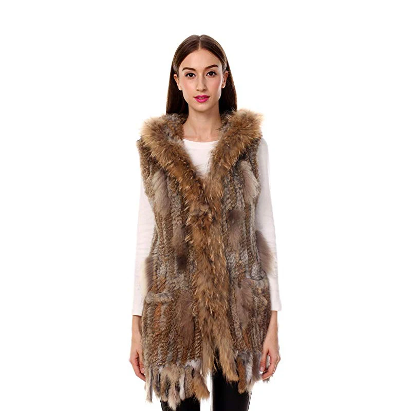 

Real Knitted Rabbit Fur Vest Waistcoat Raccoon Fur Hooded with Tassels Women Fur Gilet Lady Outerwear Coats VF7018