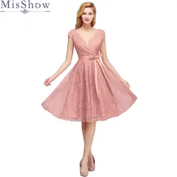 Пикантные с элегантными короткими рукавами пыли розовый V образным вырезом кружевное короткое платье невесты 2019 плюс размеры линии