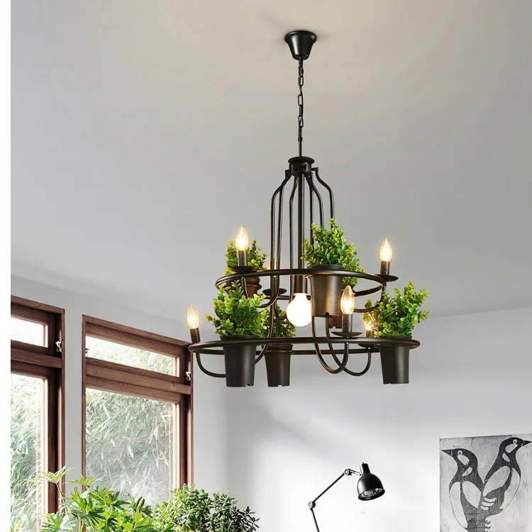 loft style garden flower plant pot black iron chandelier personalized coffee bar lamp | Лампы и освещение