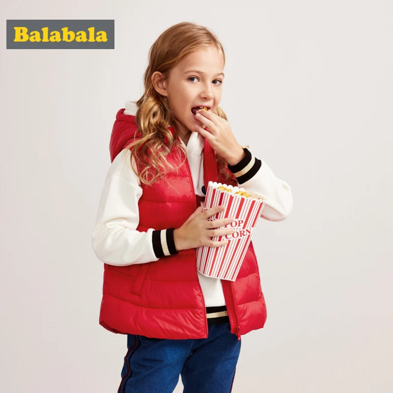 

Balabala Girls Long Quilted Lightweight Hooded Puffer Vest in Chinlon Lined Teenage Girl Zip-up Padded Vest with Slant Pocket