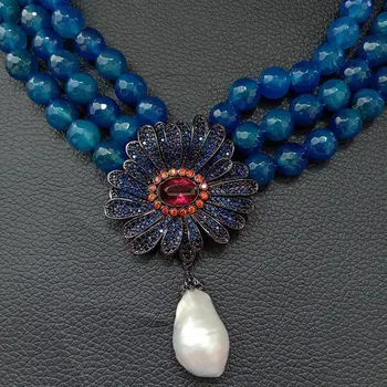 

19'' 3 Rows Blue Agate Necklace White Keshi Pearl CZ Flower Pendant