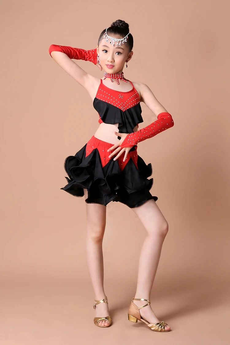 Girl latin dance dress girl  Girls Latin Vest+ Skirt Cake Skirt Suit Modern Dance Competition Performance Clothing Hot (29)