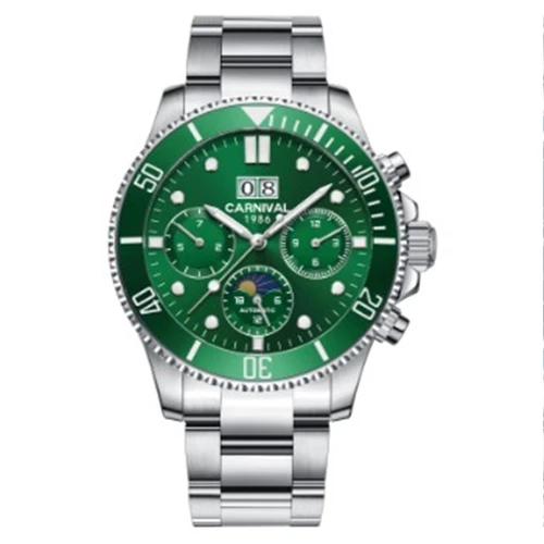 Автоматические механические часы Carnival Moon phase для мужчин, полностью стальные водонепроницаемые мужские часы, часы reloj hombre erkek kol saati relogio - Цвет: Green C8880