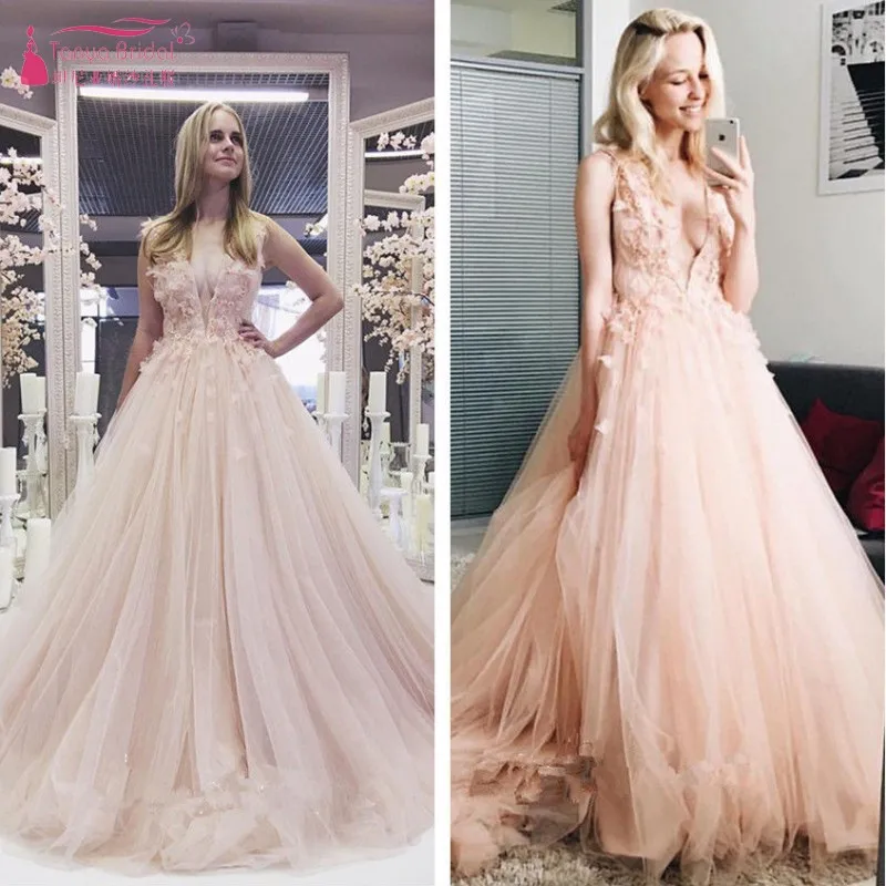 

TANYA Nude Pink Wedding Dresses 2019 Vestido Noiva Simple Tulle Lace Appliques Deep V-Neck Sexy Bridal Gown Custom made JQ435