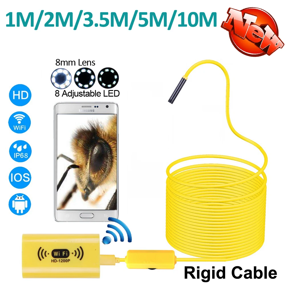 Full HD 1200P WIFI Endoscope 2MP Camera 10M/5M/3.5M/2M/1M Android iPhone Snake Rigid Cable USB Wirless Borescope 8mm 8LED | Безопасность