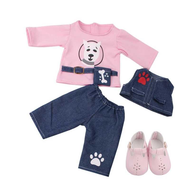 18 inch Girls doll clothes Fashion suit pajamas set with shoes American born dress Baby toys fit 43 cm baby dolls c642 - Цвет: Pink