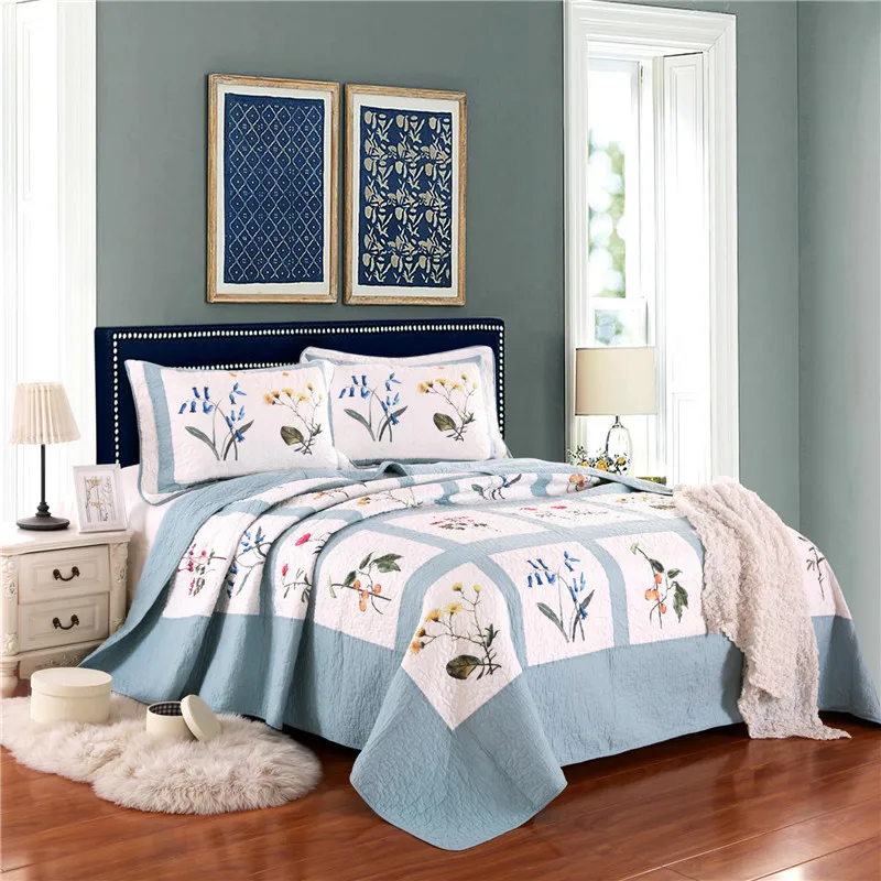3pcs blue white flower bedding cover set 100cotton fresh quilt