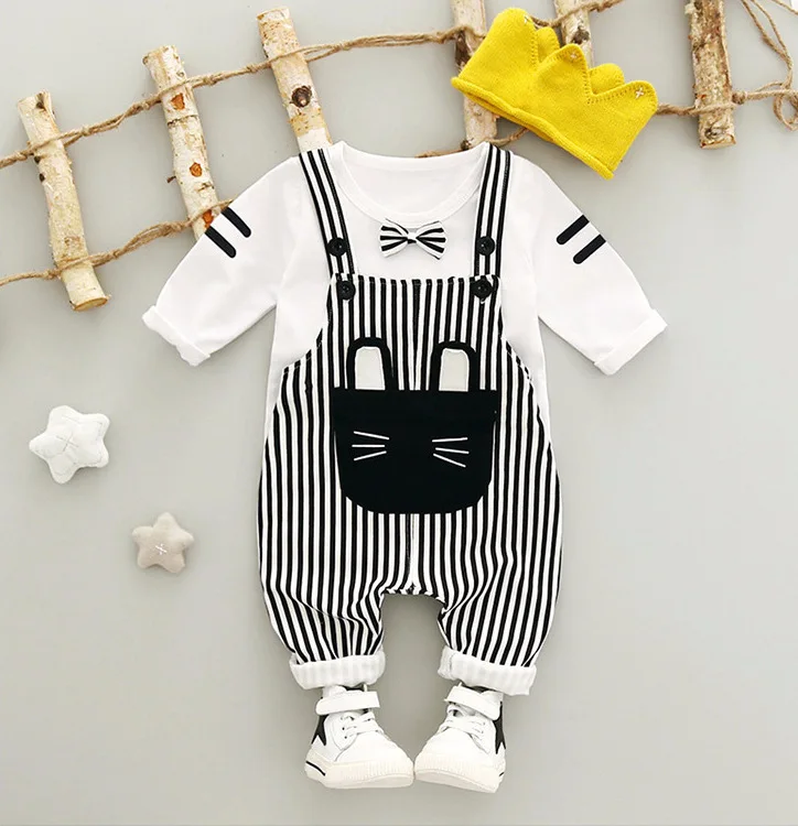 HE Hello Enjoy newborn Baby Boy clothes 2017 Spring Autumn 1st birthday outfits Long Sleeve T-Shirt+Striped Belt Pants 2pcs suit