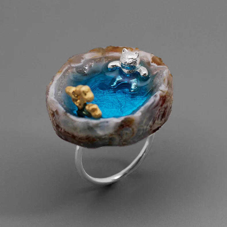 

CMAJOR Original 925 Sterling Silver Agate Cat In Hot Spring Open Rings Women Girls Designer Handmade Fine Jewelry Wholesale