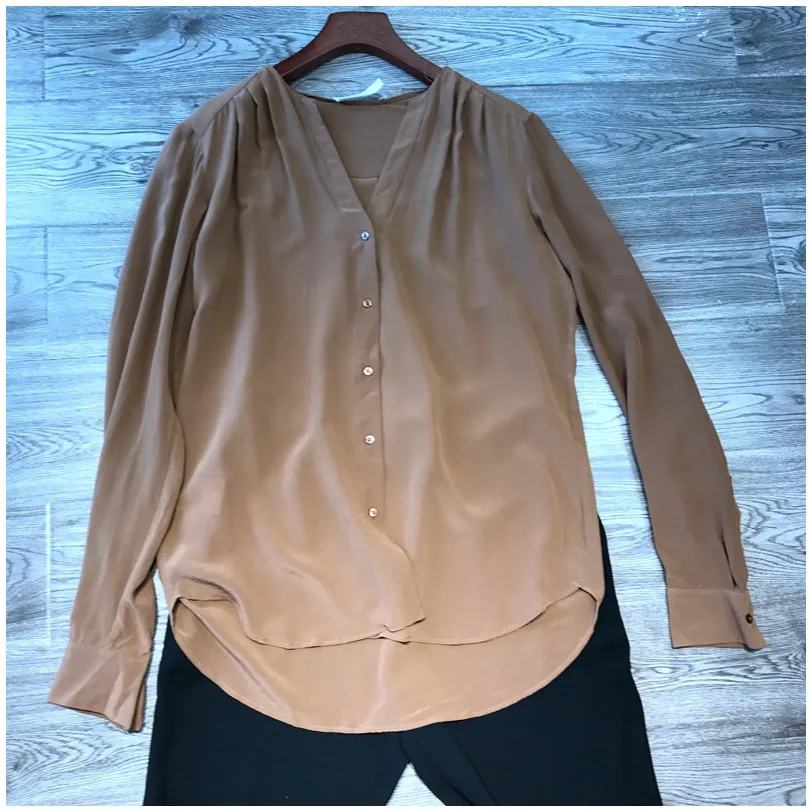 Винтажная Женская шелковая блузка, натуральный шелк, шикарные блузки для женщин, элегантные, с длинным рукавом, OL, для работы, повседневная, Деловая блузка - Цвет: as photo
