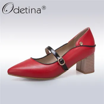

Odetina Spring Summer New Fashion Women Pumps Pointed Toe Buckle Strap Square High Heels Elegant Lady Dress Shoes Big Size 32-48