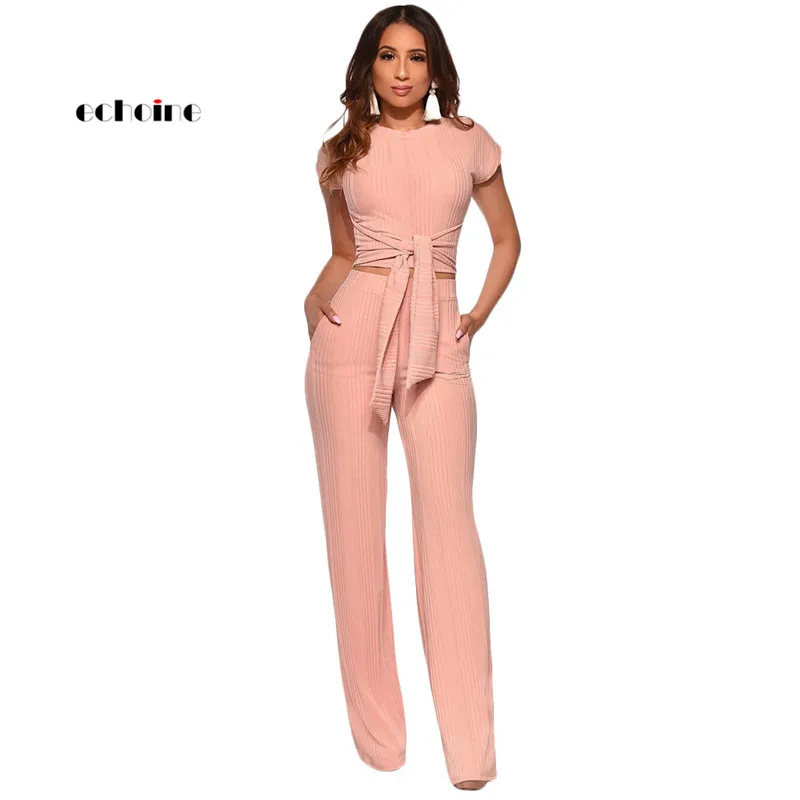 

Echoine Women Sport Two Piece Set O-Neck Sashes Lace Up Knitted Ribbed Tops Short Sleeve Casual Suits Elastic Loose Long Pants