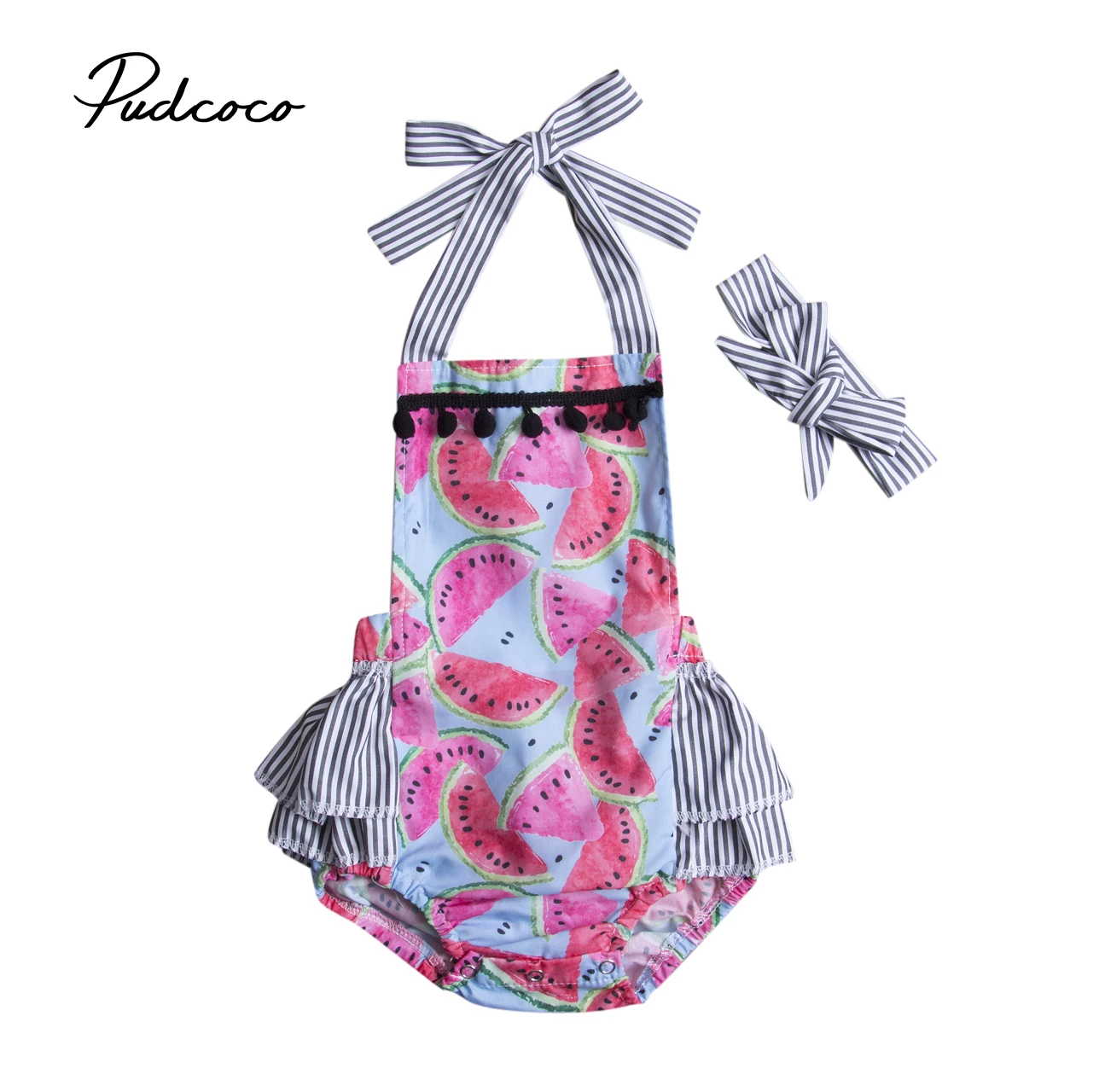 

Summer Toddler Girls Watermelon Sleeveless Bodysuit Headband Jumpsuit Outfit Sunsuit Clothes