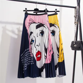 

2019 New-Coming Autumn European Printing Face Cartoon Pattern High Elasticity Pleated High Street Long Women Skirts