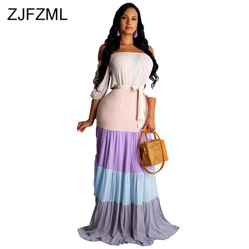 

Color Block Patchwork Bohemian Maxi Dress Women Slash Neck Half Sleeve Chiffon Dress Summer Off Shoulder Backless Sashes Dress