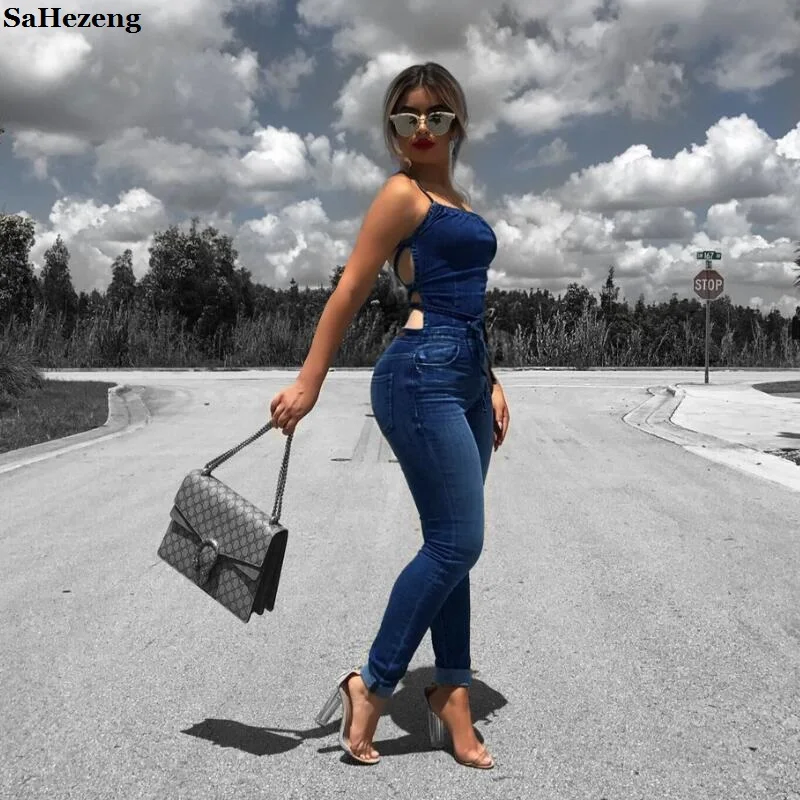 

Sexy Halter Denim Jumpsuits Women 2018 Fashion Streetwear Lace Up Vintage Jumpsuits Ladies Loose Blue Jean Jumpsuits L17-1