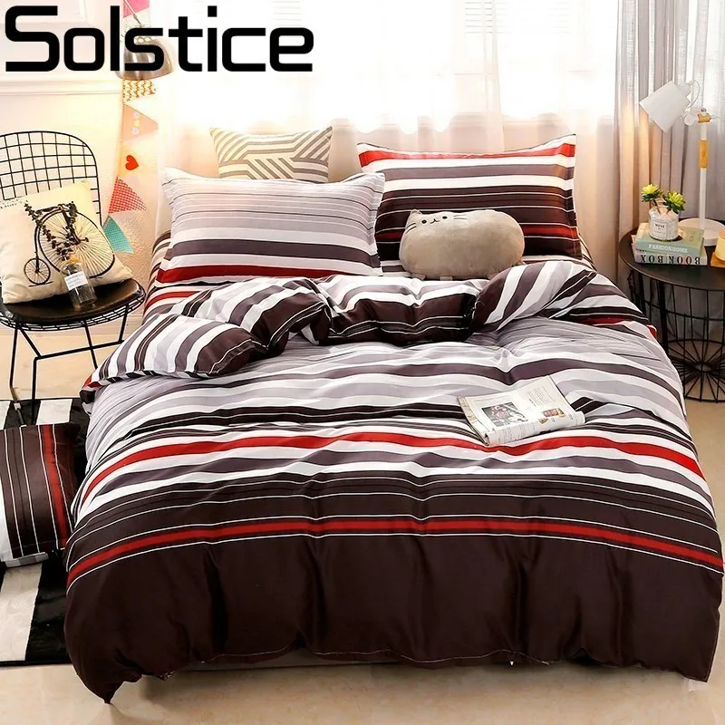 

Solstice Home Textile Brown stripes Printing Bed Set Single Queen/King Size 3/4pcs Bed Linen Bedclothes Bedding Sets
