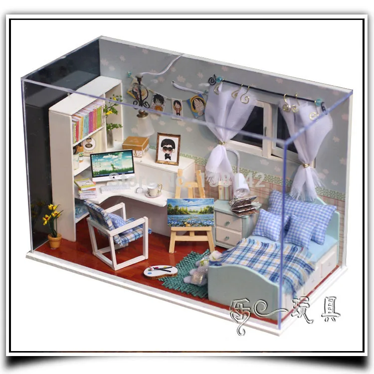 T005 удобные мальчики спальня кукольного домика Деревянные маленькие куклы дом Светодиодная лампа Модель ручной работы игрушки