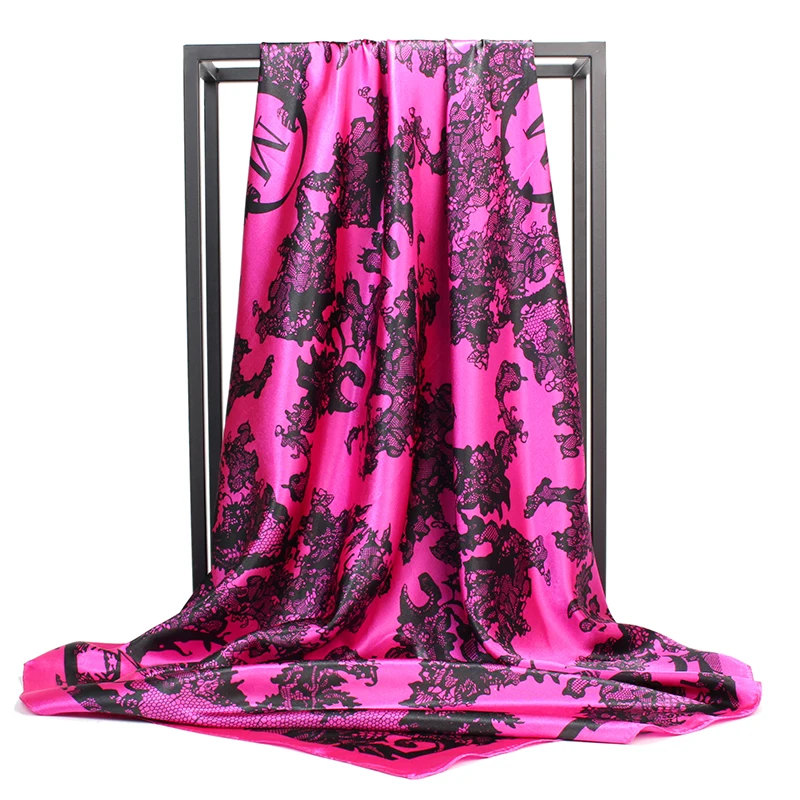 O CHUANG Fashion Silk Scarf Black Flower Print Large Luxury Brand Wraps Shawl Head Foulard Soie Square Women Scarves 90X90