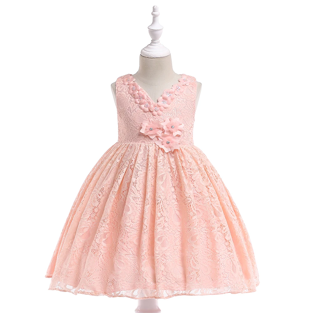 

2019 Pink Princess Dress Knee-Length Lace Solid Girls Dress Ball Gown Cute Sleeveless Children Dress Europe Costume Kids floral