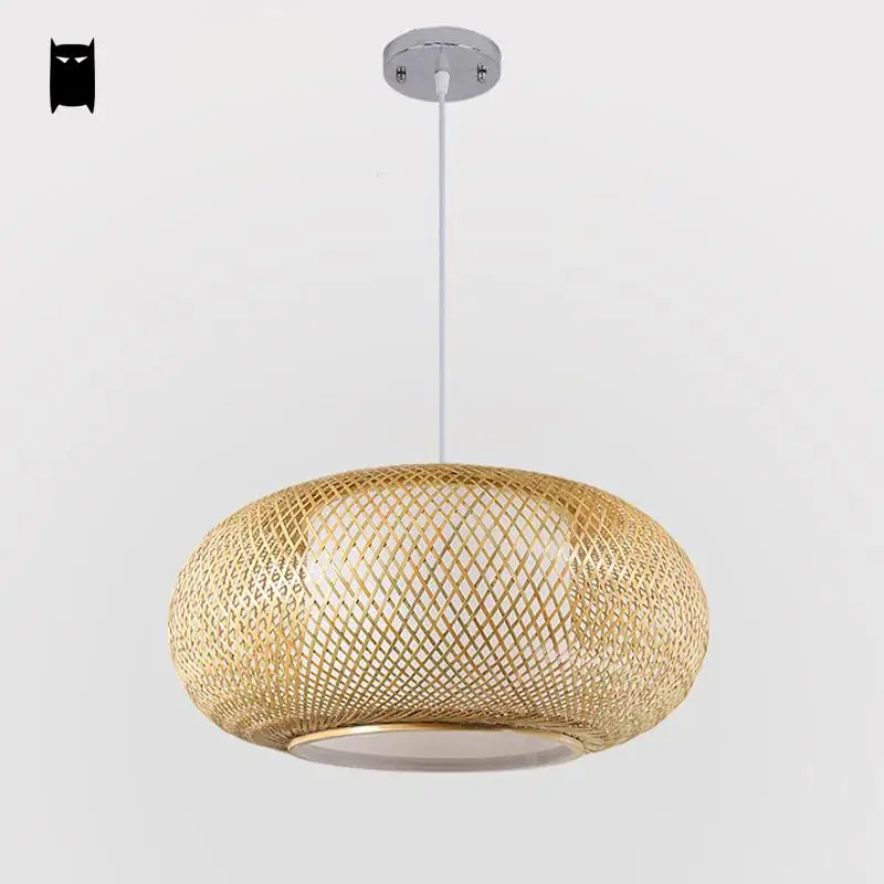  Round Hand Knitted Bamboo Rattan Pendant Light Cord Fixture Rustic Asian Japanese Style Tatami Lamp - 32812658754