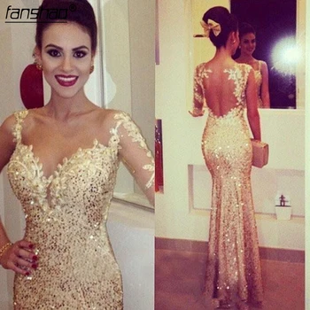 

Gold Sequins Evening Dresses 2019 Mermaid One-shoulder Lace Beaded Islamic Dubai Saudi Arabic Long Evening Gown Prom