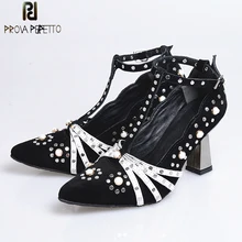 Prova Perfetto Beauty Pearl Suede Women Pumps Sexy Pointed Toe High Heels Wedding Shoes Woman New T Strap Gladiator Shoes